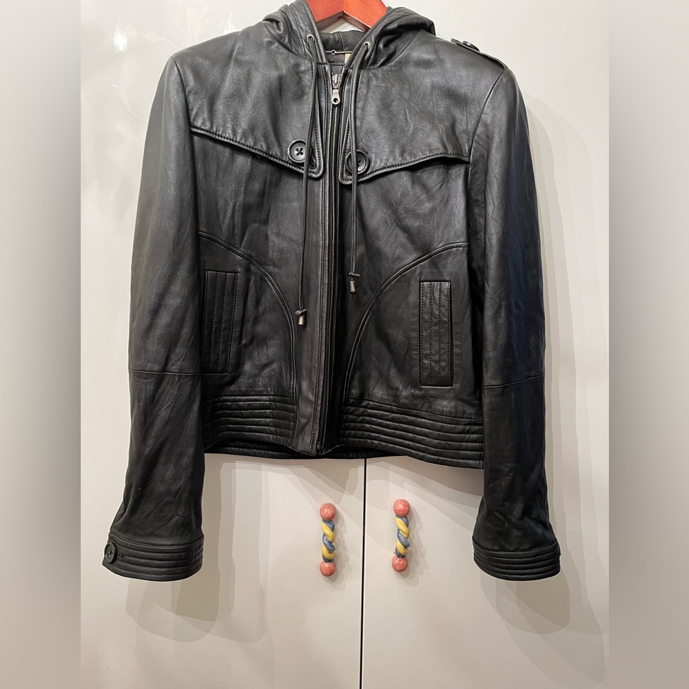 DKNY Black Leather Zip Front Hoodie jacket. Size XL. Mint condition.